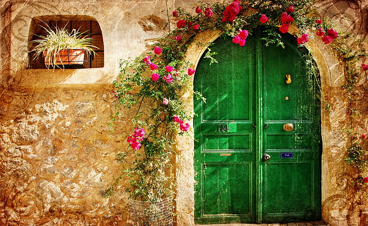 Picturesque Old House, green wooden door, Vintage, House, Picturesque, HD wallpaper