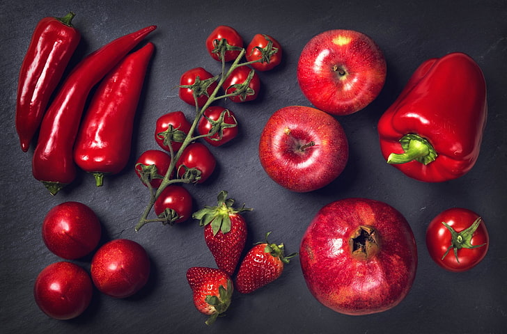Fruits, Fruit, Apple, Peach, Pepper, Pomegranate, Red, Strawberry, Tomato, HD wallpaper
