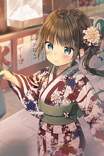 téléphone, anime girls, loli, kimono, yeux bleus, Fond d'écran HD HD wallpaper