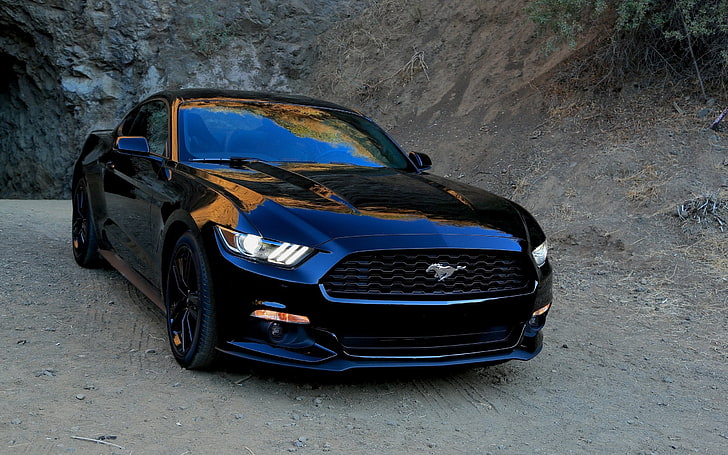 black Ford Mustang coupe, ford, mustang, black, front view, sports, HD wallpaper