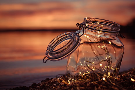 clear glass jar, sunset, Bank, garland, light bulb, HD wallpaper HD wallpaper