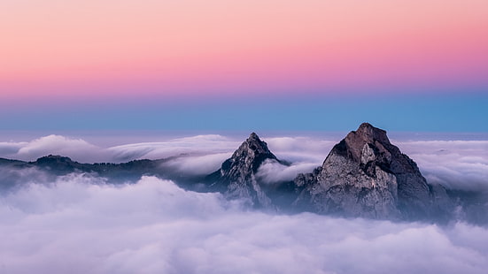 ピンクの空、曇り、山、夜明け、山頂、尾根、地平線、 HDデスクトップの壁紙 HD wallpaper