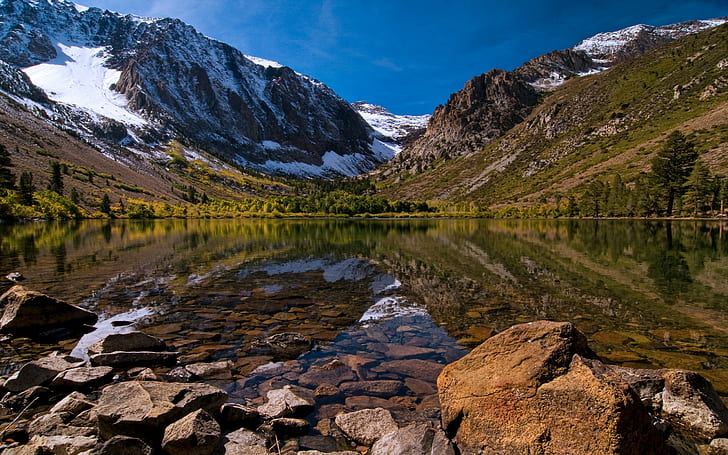 landscape, nature, lake, rocks, reflection, snowy mountain, mountains, HD wallpaper