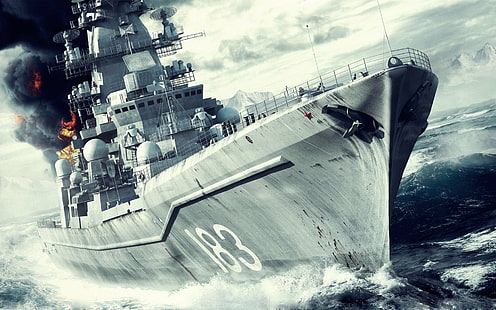 Военни кораби, армия, боен крайцер, боен кораб, огън, военни, океан, руски боен крайцер Пьотър Велики, дим, военен кораб, HD тапет HD wallpaper
