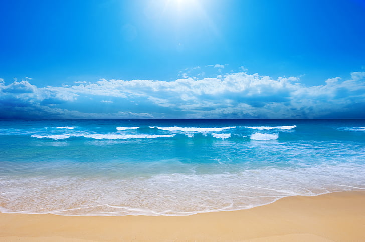 zdjęcie oceanu, plaża, słoneczny dzień, lato, 4K, Tapety HD