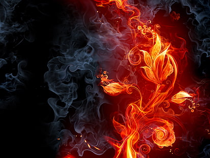 검정, 회색 및 주황색 불 벡터 아트, 꽃, 불, 연기, HD 배경 화면 HD wallpaper