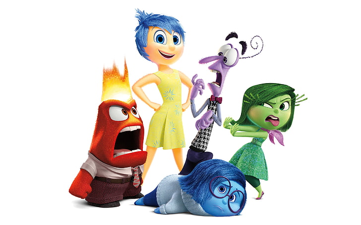 Disney Inside Out characters, emotions, cartoon, white background, Disney, Fear, Pixar, Puzzle, characters, Joy, Inside Out, Anger, Disgust, Sadness, HD wallpaper