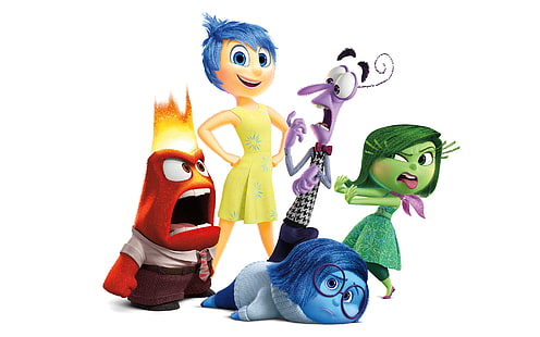 Personnages Disney Inside Out, émotions, dessin animé, fond blanc, Disney, Peur, Pixar, Puzzle, personnages, Joie, À l'envers, Colère, Dégoût, Tristesse, Fond d'écran HD HD wallpaper