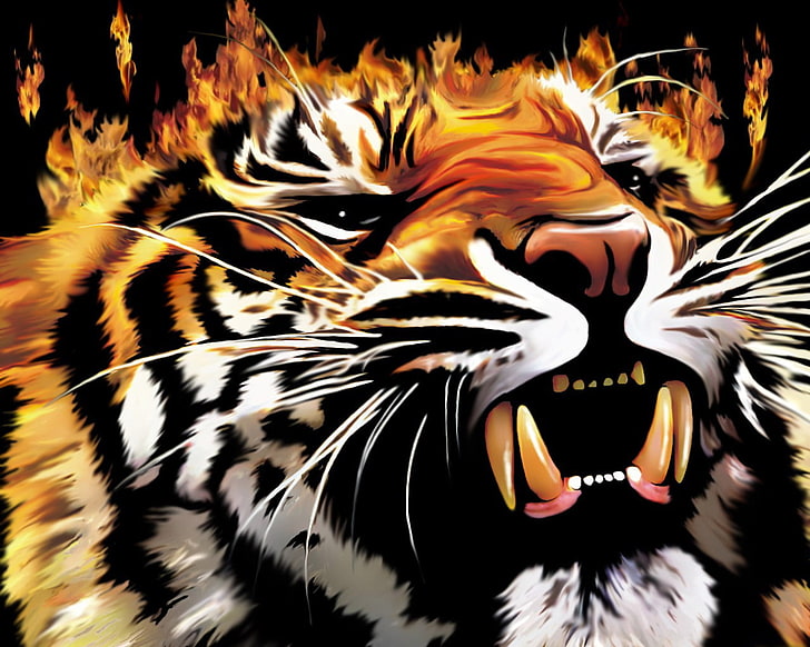 tiger illustratoin, tiger, fire, flame, grin, HD wallpaper