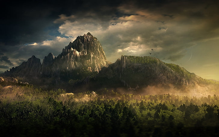grüner berg, berge, vögel, bäume, wolken, nebel, oberteile, HD-Hintergrundbild