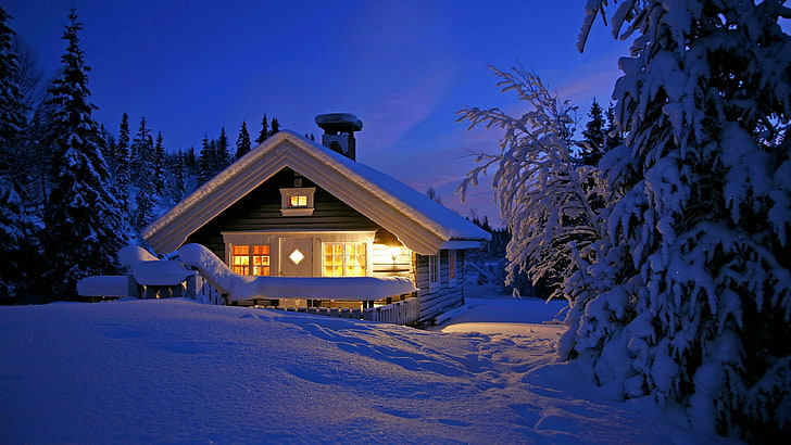 snowy, snow, winter, home, sky, house, romantic, log cabin, snow capped, light, cottage, lighting, evening, tree, night, HD wallpaper