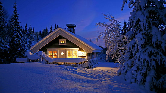 snowy, snow, winter, home, sky, house, romantic, log cabin, snow capped, light, cottage, lighting, evening, tree, night, HD wallpaper HD wallpaper