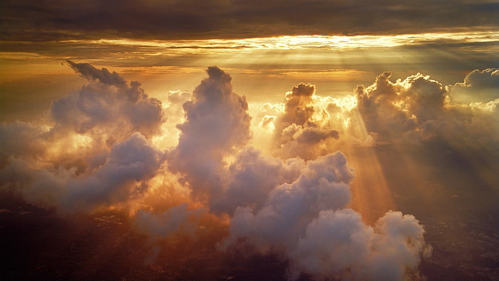 clouds under sunset, sunset, nature, sun rays, clouds, sunlight, aerial view, HD wallpaper