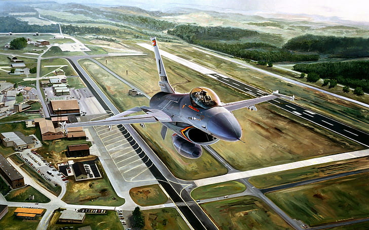 F16 Mission, gray aircraft, drawing, general, fighting, plane, falcon, dynamics, f-16, painting, aircraft planes, HD wallpaper