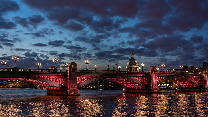 nube, horizonte, noche, ciudad, río, oscuridad, paisaje urbano, río Támesis, punto de referencia, Londres, cielo, cielos, puente de Londres, Reino Unido, Gran Bretaña, Europa, noche, puente, Fondo de pantalla HD