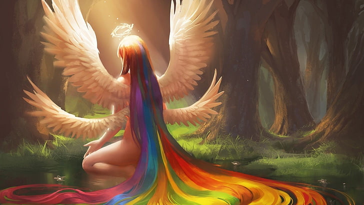 ангел на коленях в лесу цифровые обои, фэнтези арт, ангел, лес, радуга, крылья, HD обои