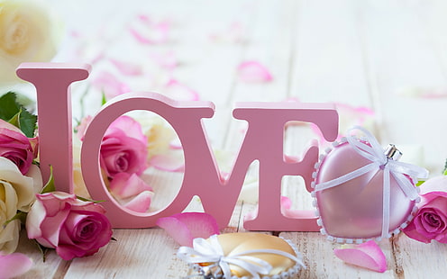 Amor rosas, amor decoração, rosas, dia dos namorados, flores, amor, HD papel de parede HD wallpaper