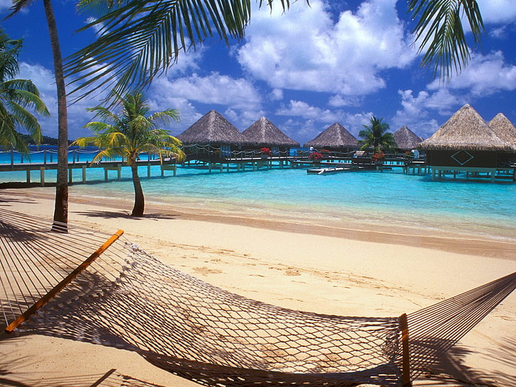 Blue Dark Beach, brown hammock, Nature, Other, beach, water, blue, HD wallpaper