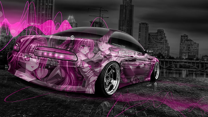 purple and black coupe with anime sticker, Design, Pink, Neon, Wallpaper, City, Anime, Toyota, Photoshop, JDM, Effects, 2014, el Tony Cars, Soarer, Tony Kokhan, Airbrushing, Aerography, HD wallpaper