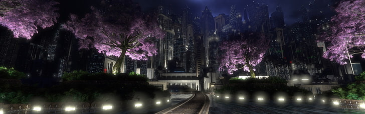 лилаво цъфтящи дървета, многократно показване, градски пейзаж, нощ, тъмно, HD тапет