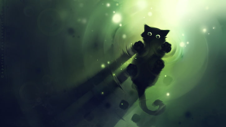 черная кошка иллюстрация, простой, произведения искусства, Apofiss, вода, черные кошки, кошка, рябь, тень, огни, грин, животные, HD обои