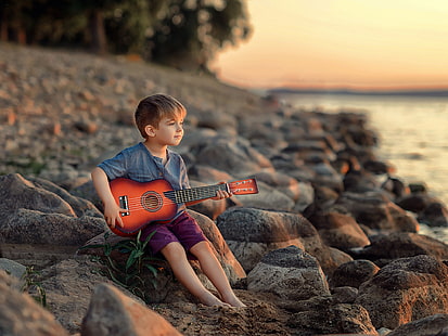 przyroda, kamienie, brzeg, gitara, chłopiec, gitarzysta, dziecko, Victoria Dubrovskaya, Tapety HD HD wallpaper