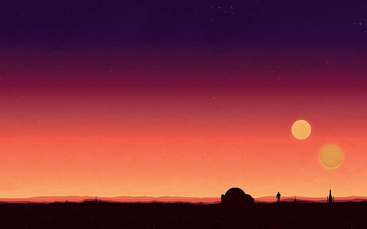 Guerra nas Estrelas, Deserto, Luke Skywalker, Laranja, Estrelas, Pôr do sol, Tatooine (Guerra nas Estrelas), HD papel de parede