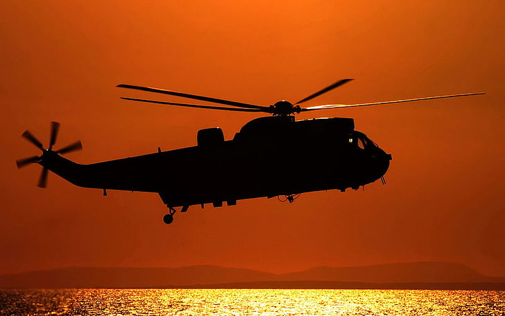 Sea King Sunset, Silhouette Hubschrauber, Flugzeuge, Flugzeug, Flugzeuge, Sonnenuntergang, HD-Hintergrundbild