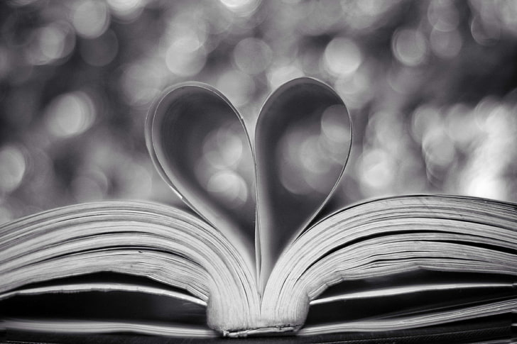 beautiful, black and white, bokeh, book, book pages, bookmark, circles, heart, love, monochrome, monochrome photography, pattern, valentine, valentines day, HD wallpaper