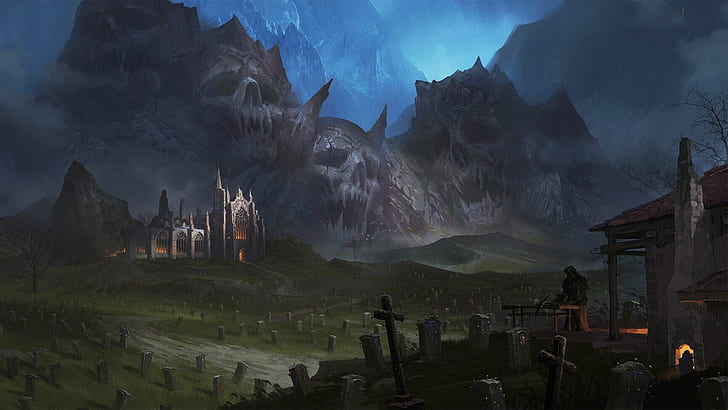 Dunkel, Landschaft, Friedhof, Sensenmann, Schädel, HD-Hintergrundbild