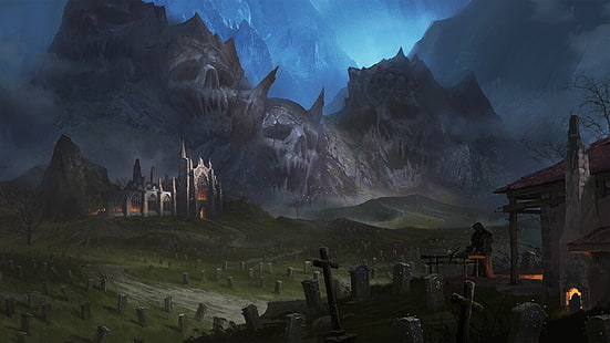Dunkel, Landschaft, Friedhof, Sensenmann, Schädel, HD-Hintergrundbild HD wallpaper