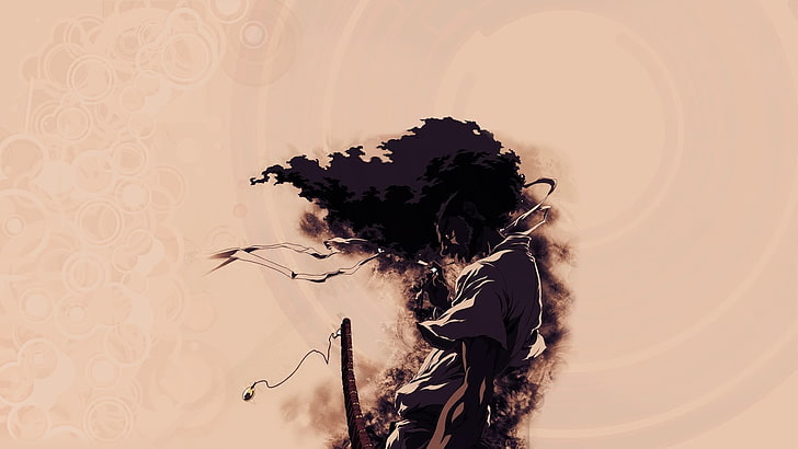 animated samurai illustration, Afro Samurai, artwork, beige, sword, Afro, smoking, HD wallpaper