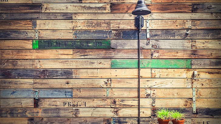 wooden surface, wall, nails, metal, planks, flowerpot, numbers, wood, texture, lamp, HD wallpaper