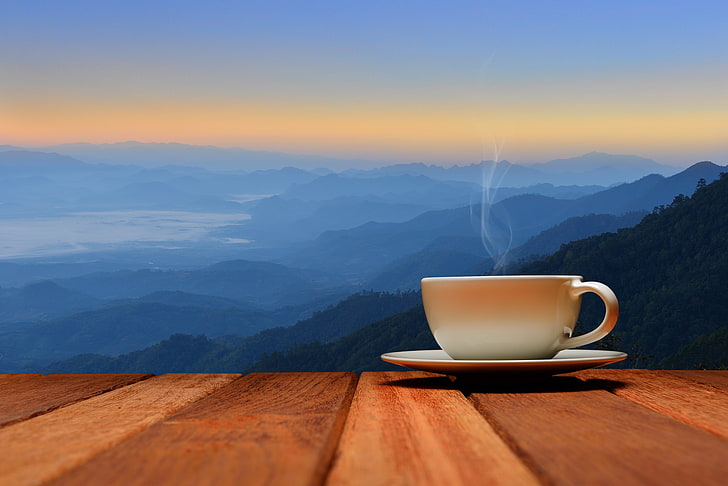 tasse en céramique blanche, aube, café, matin, tasse, chaud, tasse à café, bonjour, Fond d'écran HD