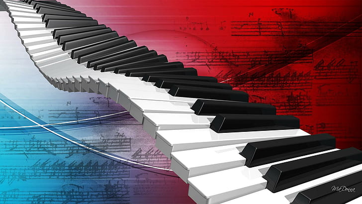Old Time Music, белые и черные клавиши пианино, пианино, аннотация, мюзикл, винтаж, синий, ноты, 3d и аннотация, HD обои