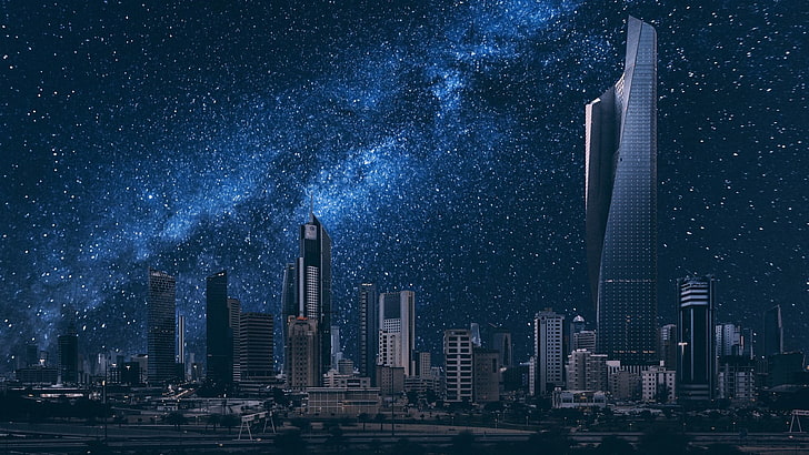 Кувейт, ночь, звёзды, город, башня, Дубай, HD обои