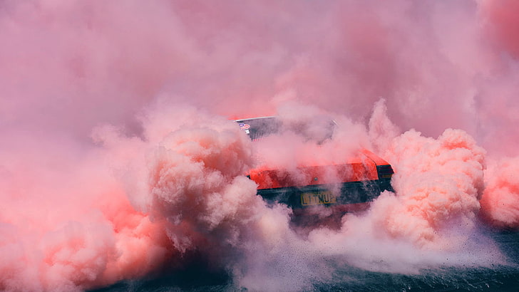 smoke, colored smoke, red cars, pink, HD wallpaper