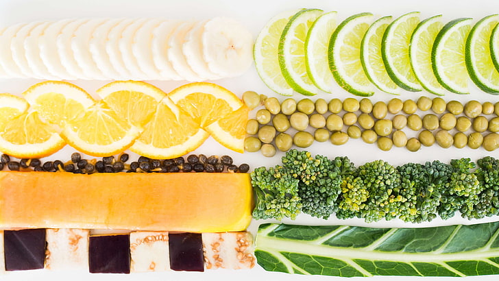 banana, broccoli, eggplants, fresh vegetables, grid, kale, lemon, orange, papaya, peas, slices, spring, tropical fruits, HD wallpaper