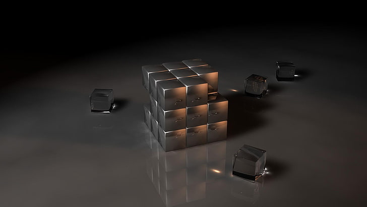 3d, cube, gray, dark, digital art, graphics, ice cube, HD wallpaper