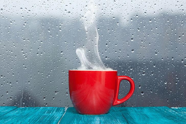 red coffee mug, glass, drops, surface, light, reflection, creative, rain, positive, blur, mug, Cup, after the rain, table, background, bokeh, wallpaper., good idea, HD wallpaper