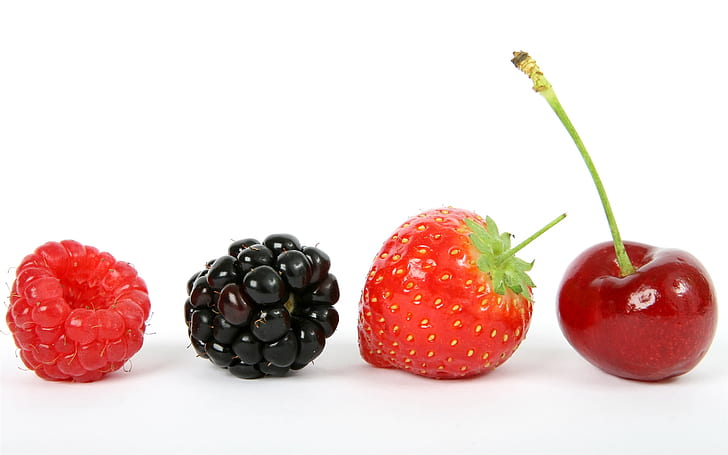Buah-buahan close-up, raspberry, blackberry, strawberry, ceri, latar belakang putih, Buah-buahan, Raspberry, Blackberry, Strawberry, Cherry, White, Background, Wallpaper HD