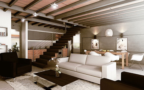 Белый диван и коричневые стулья, белый кожаный диван 2 места;черный диван кресло, фотография, 1920x1200, комната, лестница, стул, стол, кушетка, дизайн интерьера, HD обои HD wallpaper