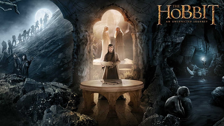 The Hobbit: An Unexpected Journey, movies, Gandalf, Galadriel, Gollum, dwarfs, Elrond, HD wallpaper