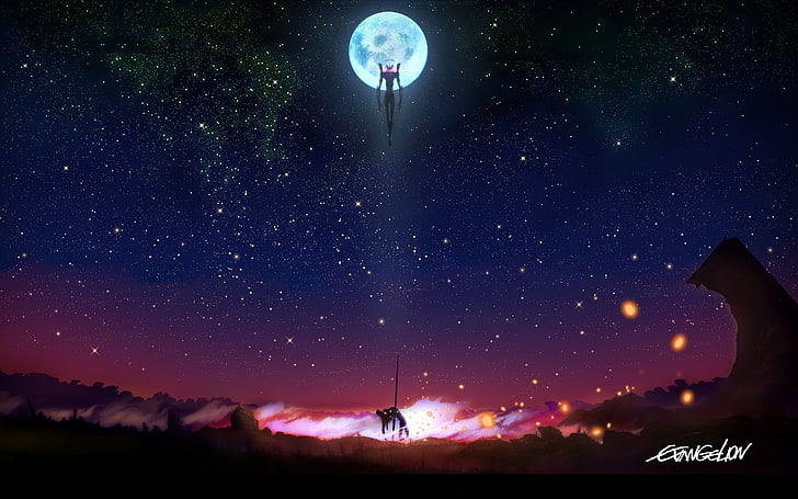 النجوم والسماء ، الرسوم المتحركة ، نيون جينيسيس إيفانجيليون ، إيفا ، الليل ، القمر ، النجوم، خلفية HD