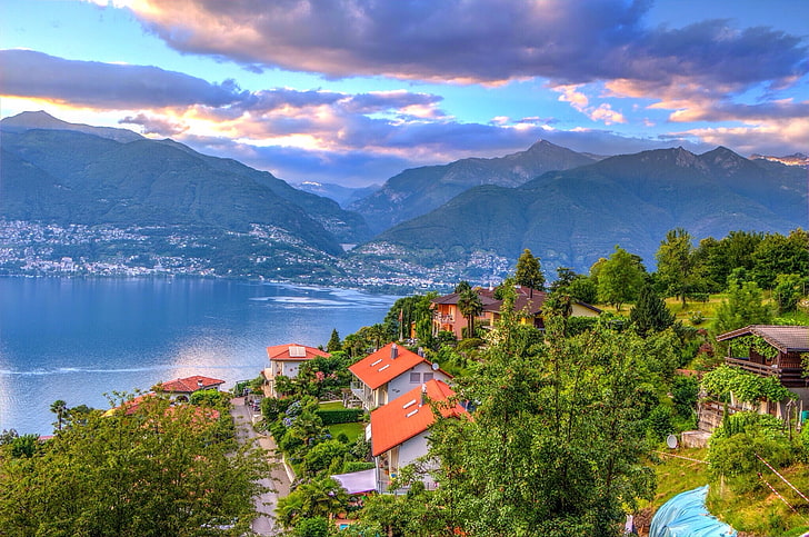 mountains, lake, home, Switzerland, Alps, panorama, town, Maggiore, Lake Maggiore, Gambarogno, Ticino, HD wallpaper