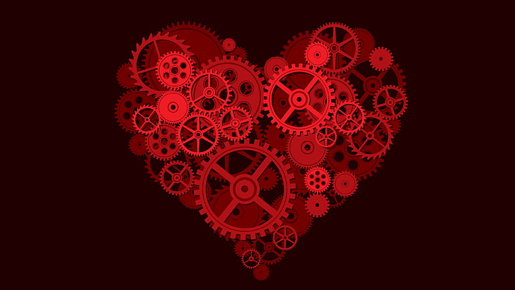 heart, gears, digital art, red background, clockworks, HD wallpaper