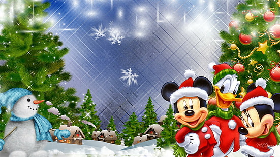 Mickeys Christmas Village, mickey mouse, disney, snöflingor, jul, santa kostymer, feliz navidad, nyckfull, söt, snögubbe, HD tapet HD wallpaper