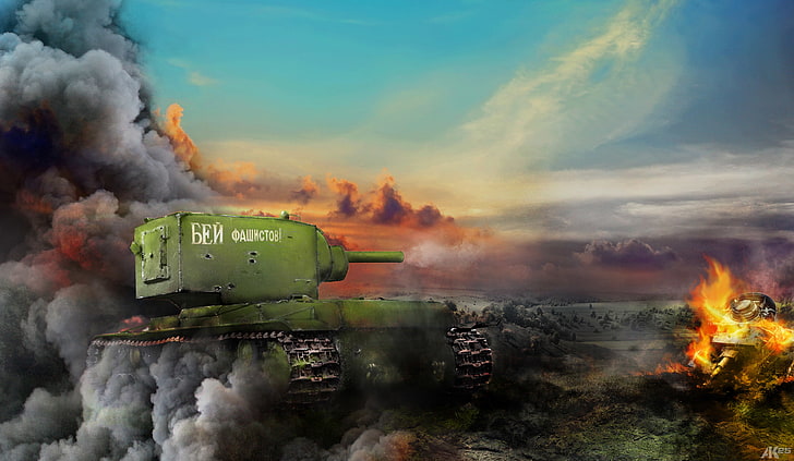 دبابة قتال خضراء ، نار ، دخان ، شخصية ، فن ، دبابة ، اتحاد الجمهوريات الاشتراكية السوفياتية ، ساحة المعركة ، KV-2 ، عالم الدبابات ، تغلب على الفاشيين، خلفية HD