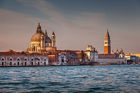 Itália, Veneza, noite, vista panorâmica, Igreja de Santa Maria della Salute, HD papel de parede HD wallpaper