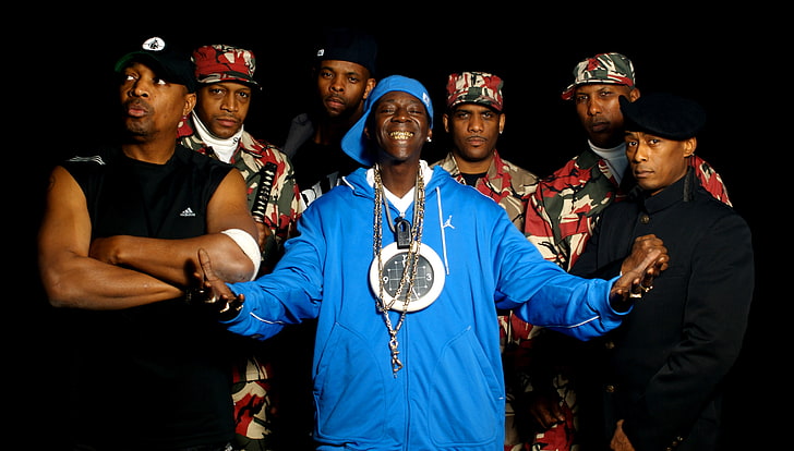 мъж, облечен в син тапет с качулка с цип, обществен враг, рапъри, музика, хип-хоп, HD тапет